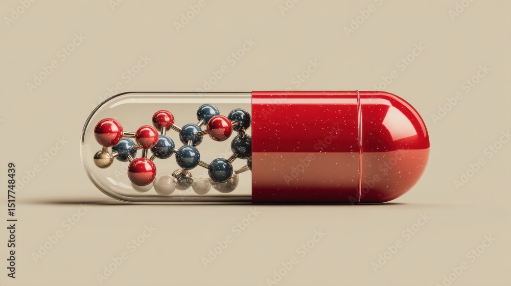 Poster capsule containing colorful molecular structures demonstrates the complexity of pharmaceuticals and 