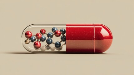 Capsule containing colorful molecular structures demonstrates the complexity of pharmaceuticals and science in a minimalistic setting