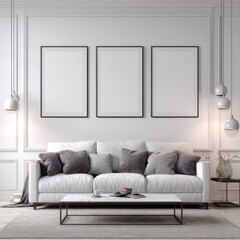 White living room with three framed artworks