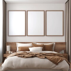 Minimalist bedroom with three framed canvases.  Beige, wood tones, and neutral colors create a serene space