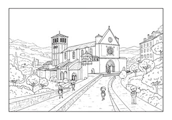 Obraz premium Black and white illustration of children visiting Basilica di Sa