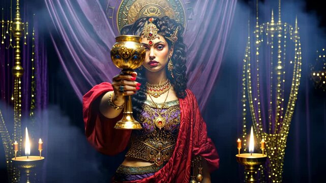 Rich woman dressed in purple and scarlet holding a golden cup the Biblical Revelation prophecies
