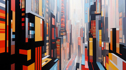 Obraz premium Abstract cityscape illustration featuring vibrant geometric shapes and colors, showcasing a futuristic urban environment with towering buildings and a dynamic atmosphere