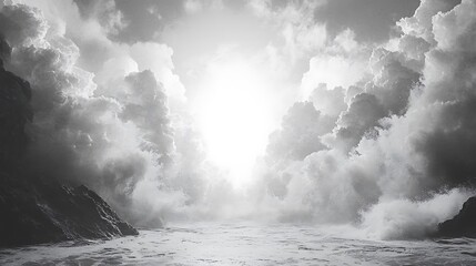 Monochromatic seascape featuring powerful waves crashing against rugged cliffs