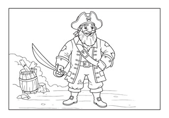 Friendly Pirate with Sword Coloring Page for Kids Black and Whit