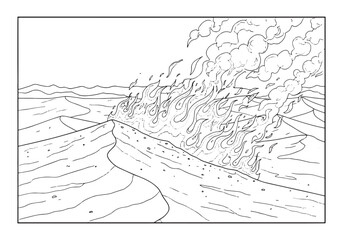 Monochrome desert landscape engulfed in flames - An illustration