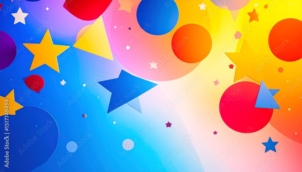 Poster abstract background with floating geometric shapes like stars, circles, and triangles in bright prim