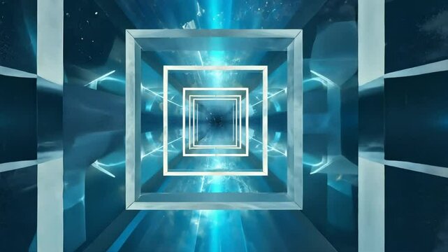 Glowing blue geometric portal with layered squares