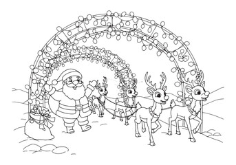 Fototapeta premium Festive Santa and Rudolph Coloring Page, A Cheerful Holiday Illu