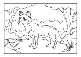 Adorable dhole in a forest glade, outlined for coloring book fun
