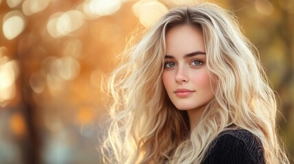 Obraz premium Blonde woman with sunlight, wavy hair standing outdoors, radiant skin glowing under warm golden flowing embodying natural elegance