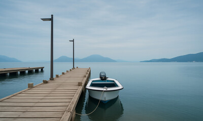 Quiet pier with a small boat docked by the calm lake and misty mountains in the background