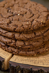 biscuits on the kitchen table close up, chocolate biscuits with real cocoa and sesame