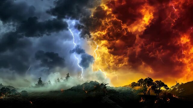 Good against evil lightning thunderstorm clouds in sky background
