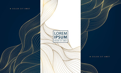 Vector set of golden line wave backgrounds, abstract luxury label package, water premium japanese element. Glitter box design, art deco template.