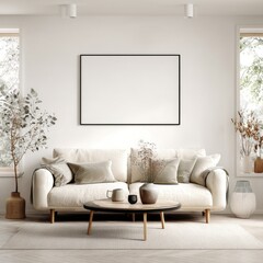 Modern, light-filled living room with cream couch, framed art, and natural decor