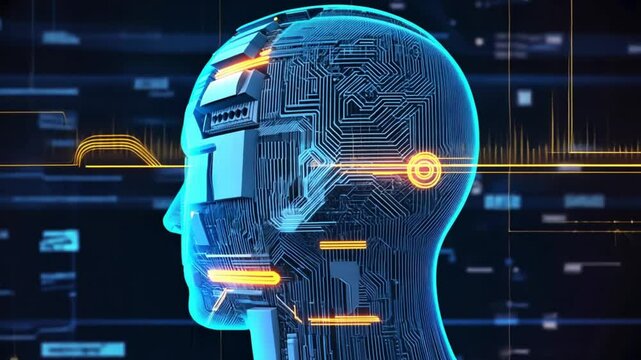 Digital head with visible robotic brain interface and switch on button - conceptual image