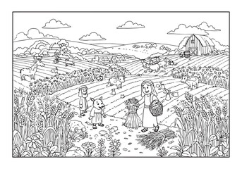 Fototapeta premium Ruth gleaning in the field of Boaz outlined in a coloring book s
