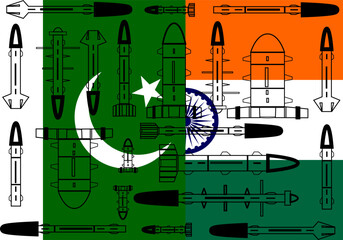 Emblem half India flag Pakistan banner button vector illustration isolated. National symbol relationship crisis conflict Kashmir Asian country. War treat India VS Pakistan flag. Nuclear power states