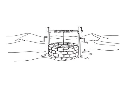 Elegant continuous line drawing of a water well in a desolate la