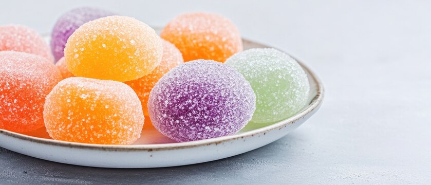 Colorful sweet candies pile on plate. Vegetarian sweet food. Fruity sugar desserts close up. Delicious candy snack