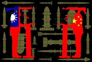 Enemy army negotiation Taiwan flag politician against China flag vector silhouette illustration isolated. Patriot rifle head man war combat crisis diplomacy deal. Diplomat agreement strategy for peace