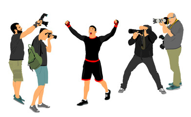 Paparazzi photographers crew shutting photo MMA fighter winner celebrate victory vector illustration isolated. Sport man raised spread arms. Ultimate male success fanatic fit boy laud glory win game.