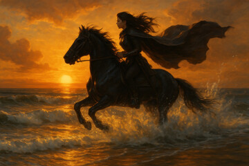 Woman riding horse through ocean.