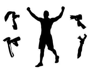 Paparazzi photographers crew shutting photo MMA fighter winner celebrate victory vector silhouette isolated. Sport man raised spread arms. Ultimate male success fanatic fit boy laud glory win game.
