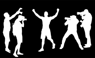 Paparazzi photographers crew shutting photo MMA fighter winner celebrate victory vector silhouette isolated. Sport man raised spread arms. Ultimate male success fanatic fit boy laud glory win game.