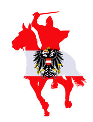 Emblem banner Austria flag over knight hero with sword, shield on horse in battle vector silhouette illustration isolated. Former Habsburg monarchy imperial member national symbol empire. Europe state