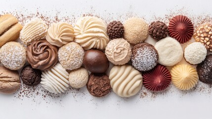 Assorted sweet treats on white background. Vegetarian desserts with chocolate and sugar, arranged closely. Delicious baked confectionary close view.