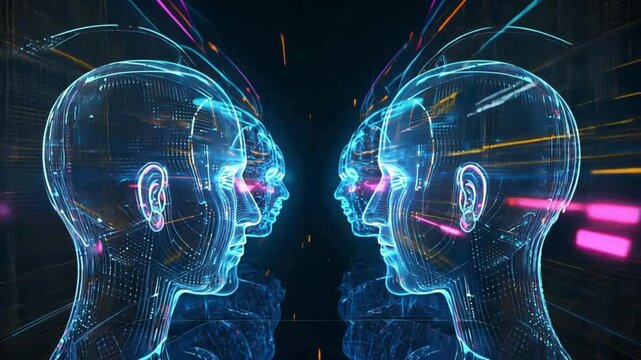 Two neon-outlined human AI agents facing each other. Code copying, replication, automation tools, future tech concept