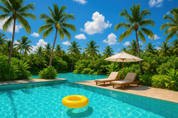 Yellow floater in pool with palm trees.