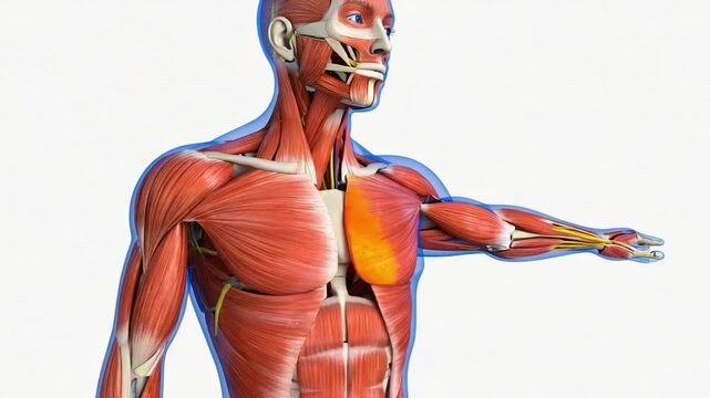 Detailed anatomical illustration of human muscular and skeletal system, half view, focusing on health and body structure. Ideal for medical, biology, and fitness.