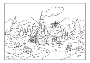 Fototapeta premium Enchanting Winter Wonderland, A Detailed Coloring Page of a Chri