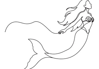 Elegant continuous line drawing of a mermaid with flowing hair a