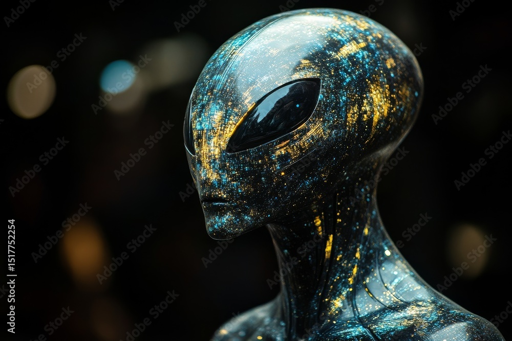 Poster futuristic alien sculpture with glowing patterns in a dark setting at a sci-fi convention