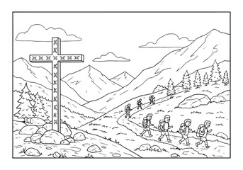 Vintage 1887 Coloring Book Illustration, Metal Cross and Mountai