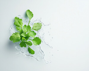 Fresh herb with water splash on a light background.