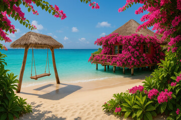 Thatched hut on the beach with swing.