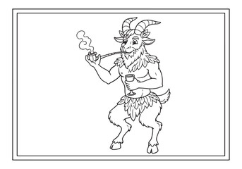 Fototapeta premium Vintage Coloring Page of a Male Satyr Smoking Pipe and Drinking