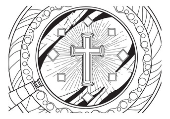 Intricate cross coloring page design with geometric shapes in mo