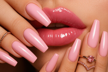 Woman with pink nails and ring.