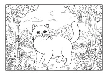 Adorable Scottish Fold Cat in a whimsical forest coloring book p