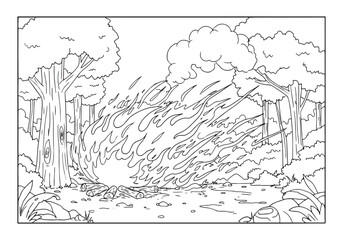 Obraz premium Forest fire illustration in coloring book style, black and white