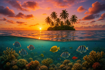 Fish swimming near palm trees on a tropical island.