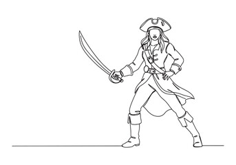 Fototapeta premium Continuous Line Drawing of a Female Pirate with Sword Illustrati
