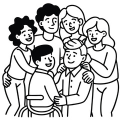 Unified Embrace: A heartening illustration portrays a circle of individuals, each radiating warmth and unity as they extend their arms in a collective embrace, creating a sense of community, support.