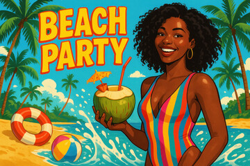 Woman in bathing suit holding coconut drink on beach.
